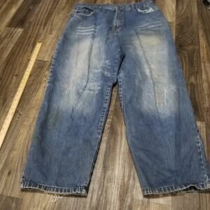 Akademiks Y2K Relaxed Straight Distressed Faded‎ Blue Denim Jeans Men's 42x30